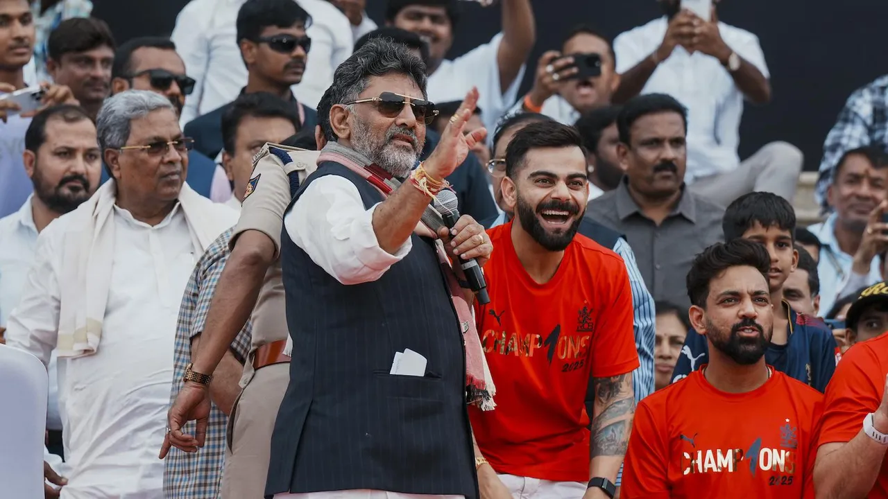 Karnataka Chief Minister Siddaramaiah and Deputy Chief Minister DK Shivakumar with Royal Challengers Bengaluru’s Virat Kohli and other team members during a felicitation ceremony following IPL victory at Vidhana Soudha in Bengaluru on Wednesday, June 4, 2025.