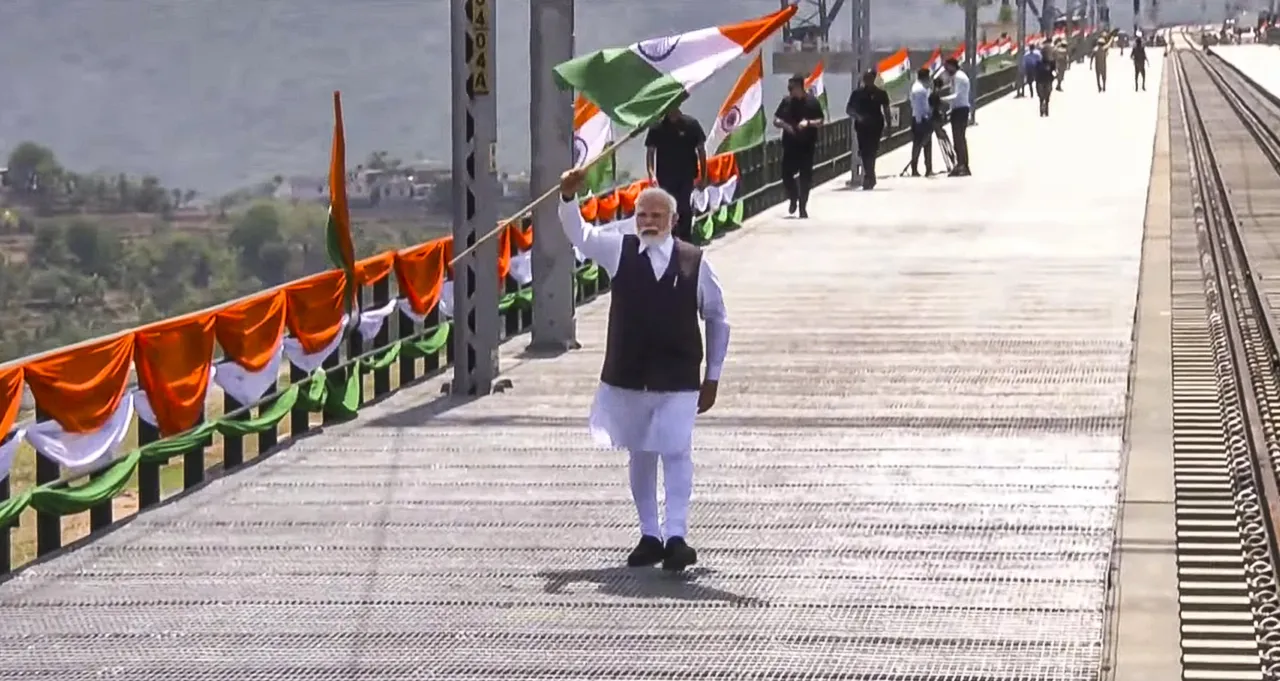 PM Narendra Modi visits the deck of Chenab Bridge, the world's highest railway arch bridge, after its inauguration in Reasi district, Jammu & Kashmir.