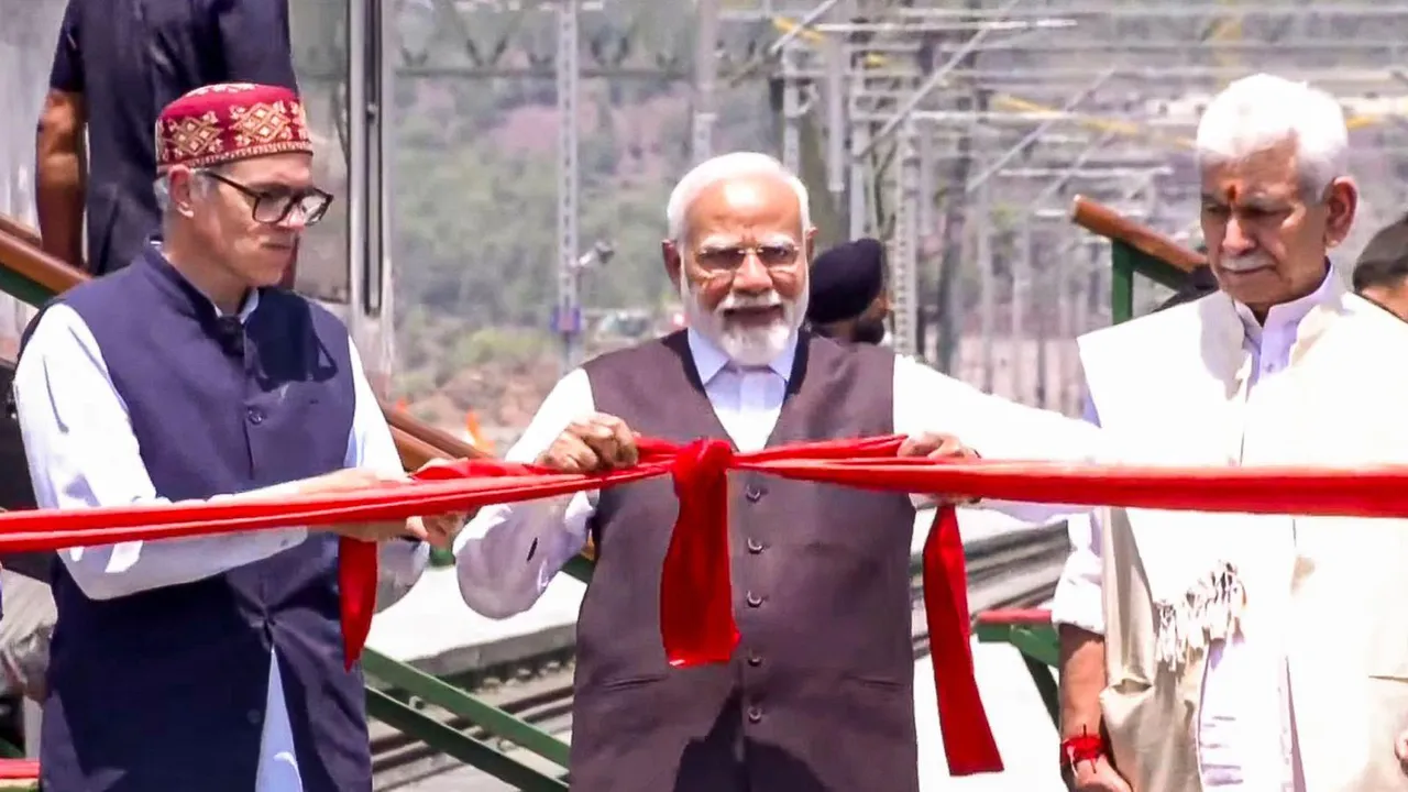 PM Narendra Modi, Lt Governor Manoj Sinha and CM Omar Abdullah inaugurate the Chenab Bridge in Jammu & Kashmir.