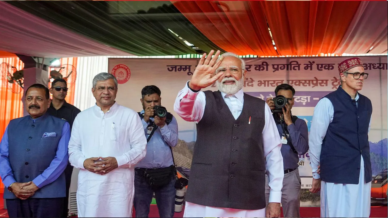 Railway Minister Ashiwini Vaishnaw with Prime Minister Narendra Modi during inauguration of Chenab rail link.