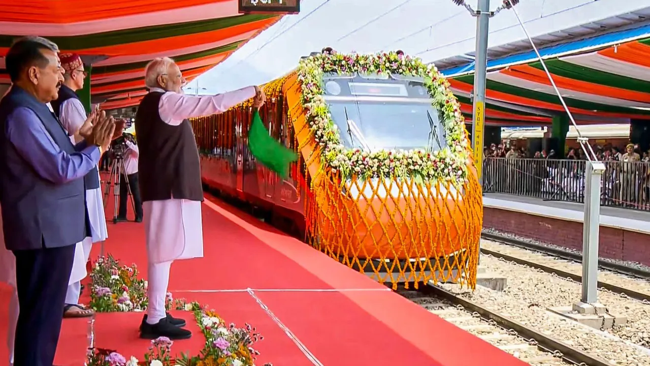 PM Modi flags off the Vande Bharat Express to inaugurate the Katra-Srinagar Vande Bharat service, at Shri Mata Vaishno Devi station, in Katra, Jammu and Kashmir.