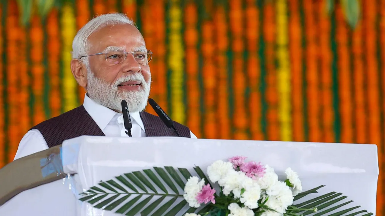 PM Narendra Modi addresses a public rally at Katra, in Reasi district, Jammu and Kashmir.