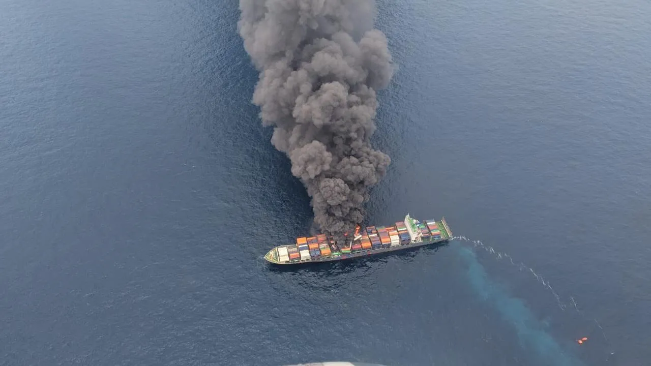 Fire onboard Singapore-flagged container vessel MV Wan Hai 503 , 78 NM off Beypore, Kochi, on Monday, June 9, 2025.