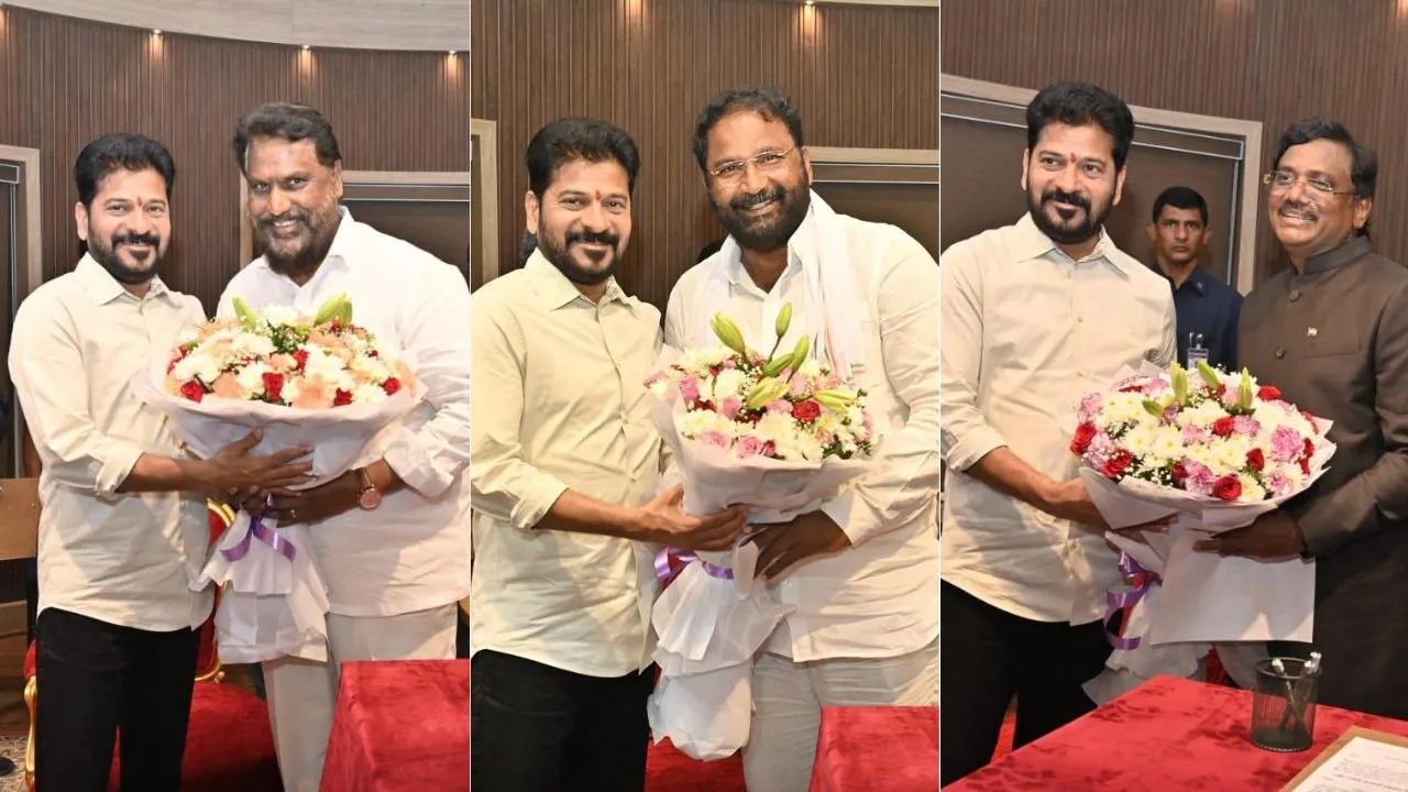 Telangana chief minister Revanth Reddy greets newly inducted ministers G Vivek Venkata Swamy, Adluri Laxman Kumar and Vakiti Srihari on Sunday, June 8, 2025.