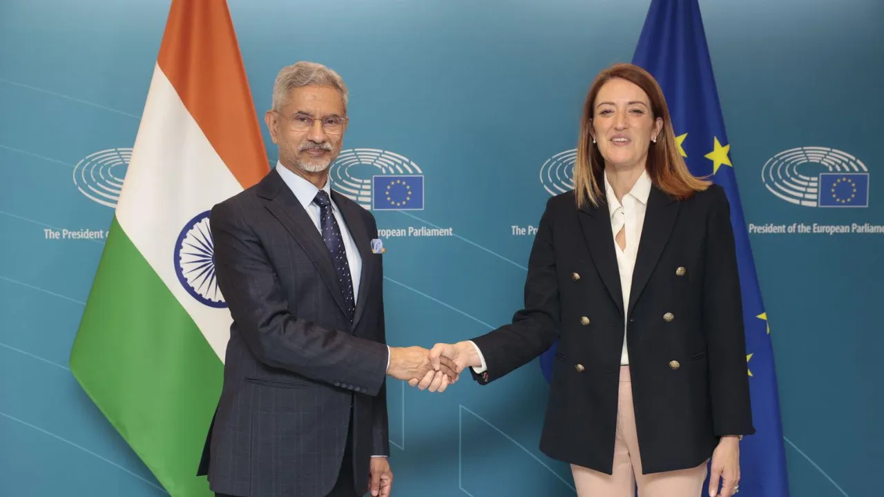 EAM S Jaishankar meets with EP president  Roberta Metsola in Brussels.