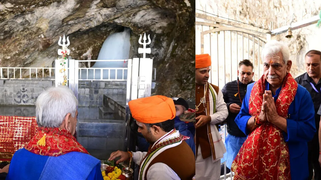 J&K LG Manoj Sinha offers prayers at the Holy Cave, marking the ceremonial beginning of the annual Shri Amarnath Ji Yatra.