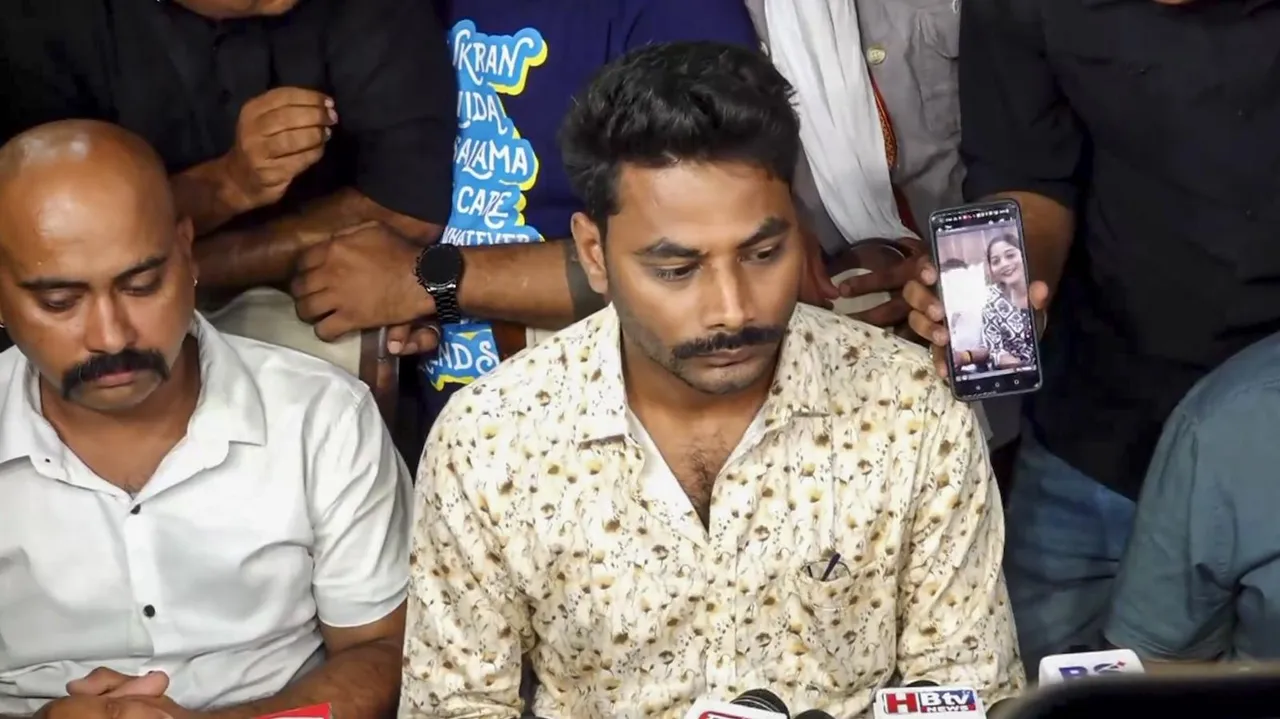 Govind Raghuvanshi, brother of Sonam Raghuvanshi who is among the five arrested for the murder of her husband Raja Raghuvanshi, addresses the media in Indore on Wednesday, June 11, 2025.