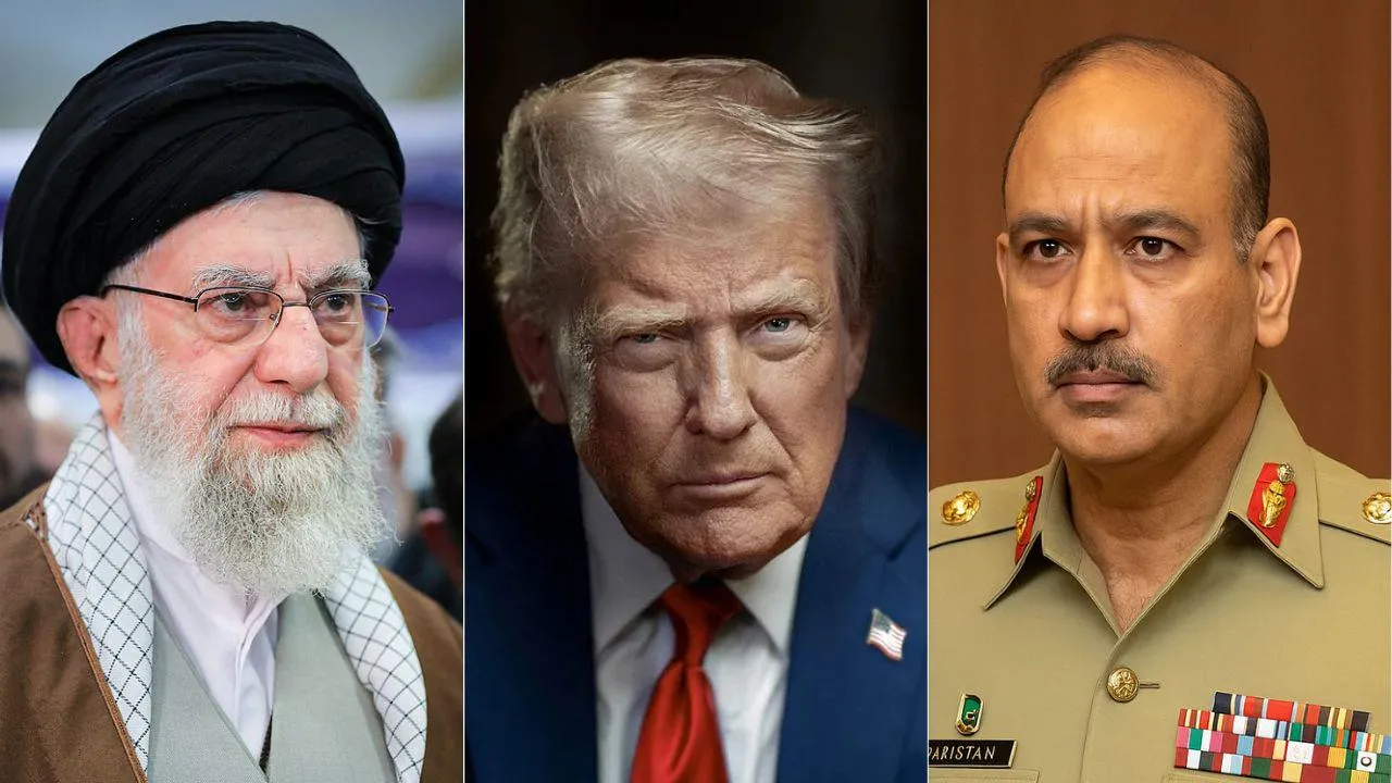 Iranian supreme leader Ali Khamenei, US president Donald Trump and Pakistan COAS Asim Munir