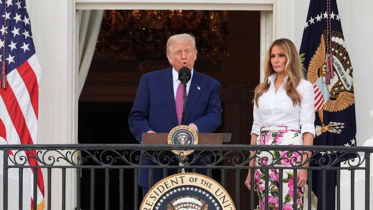 Donald Trump speaks as first lady Melania Trump listens during the congressional picnic on the South Lawn of the White House, Thursday, June 12, 2025, in Washington. 