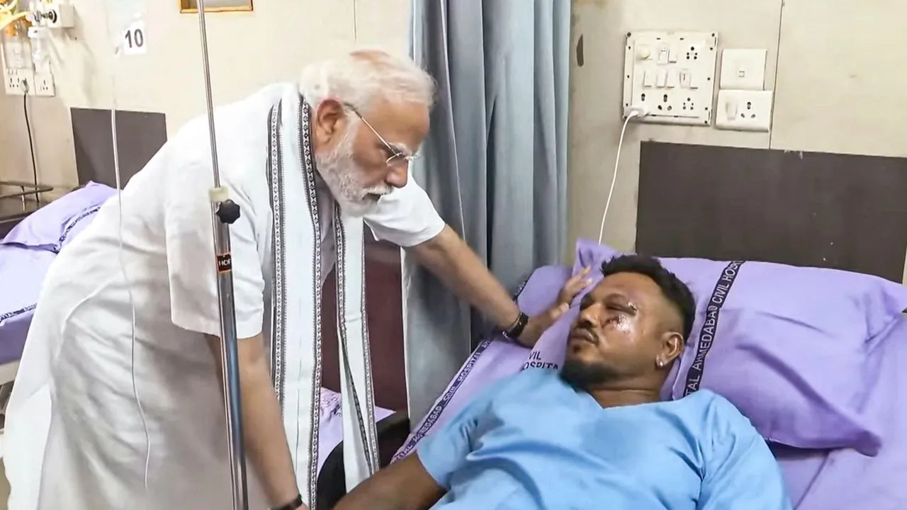 PM Narendra Modi meets Vishwash Kumar Ramesh, the lone survivor of yesterday's Air India plane crash, at a hospital, in Ahmedabad