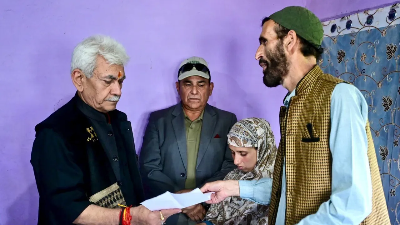 Manoj Sinha visits the family of Syed Adil Hussain Shah and handed over the appointment letter to his wife Gulnaz Akhter on compassionate ground.