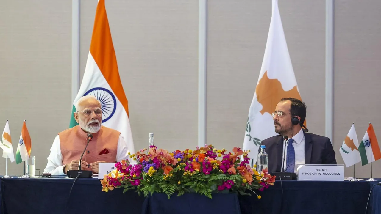Prime Minister Narendra Modi with the President of Cyprus Nikos Christodoulides during a business roundtable in Cyprus on June 15, 2025