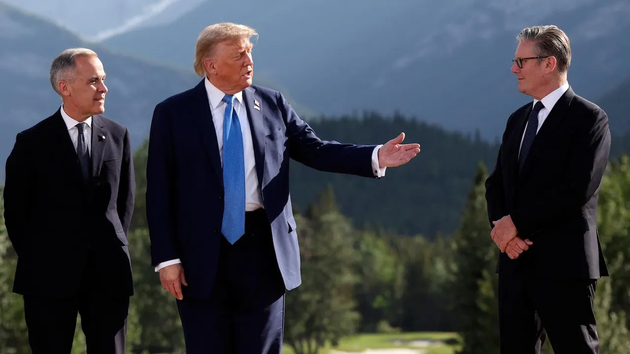 Canada's Prime Minister Mark Carney, from left, U.S. President Donald Trump and Britain's Prime Minister Keir Starmer attend a family photo session during the G7 Summit, in Kananaskis, Alberta on Monday, June 16, 2025.