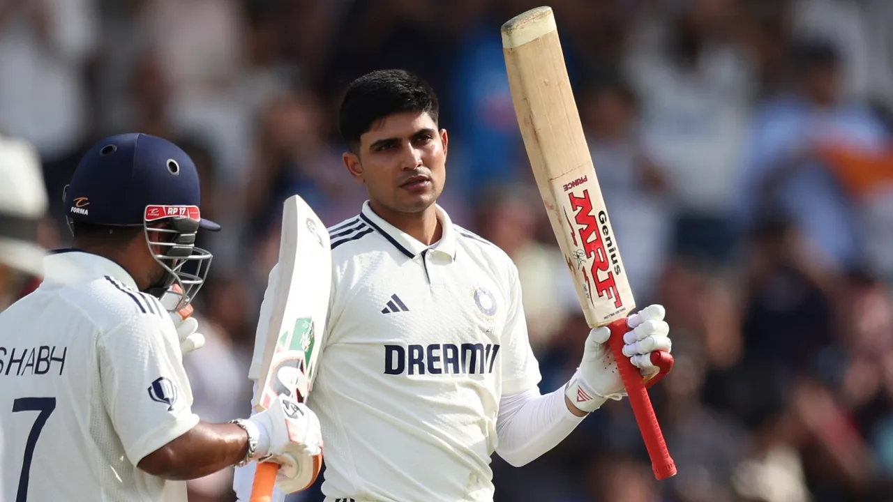 Shubman Gill, right, celebrates after scoring a century on day one of the first cricket test match against England at Headingley in Leeds, England, on Friday, June 20, 2025.