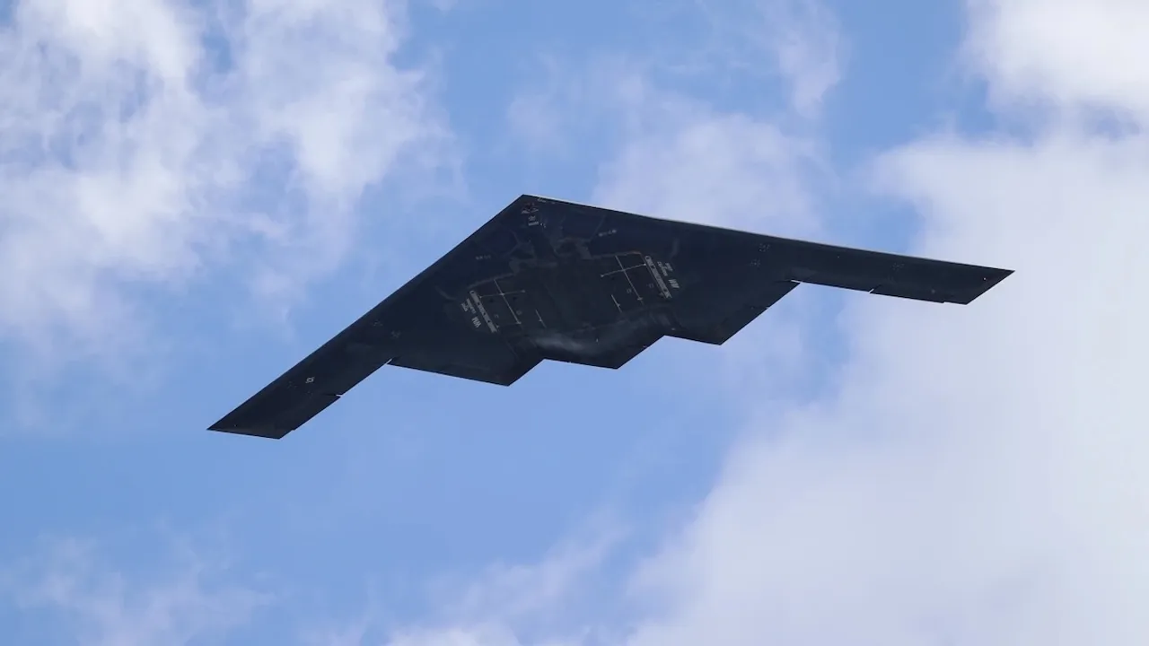 A B-2 Spririt stealth bomber, assigned to the 509th/131st Bomb Wings out of Whiteman Air Fore Base, performs a flyover of Barnes-Jewish Hospital May 8, 2020, in St. Louis (AP).