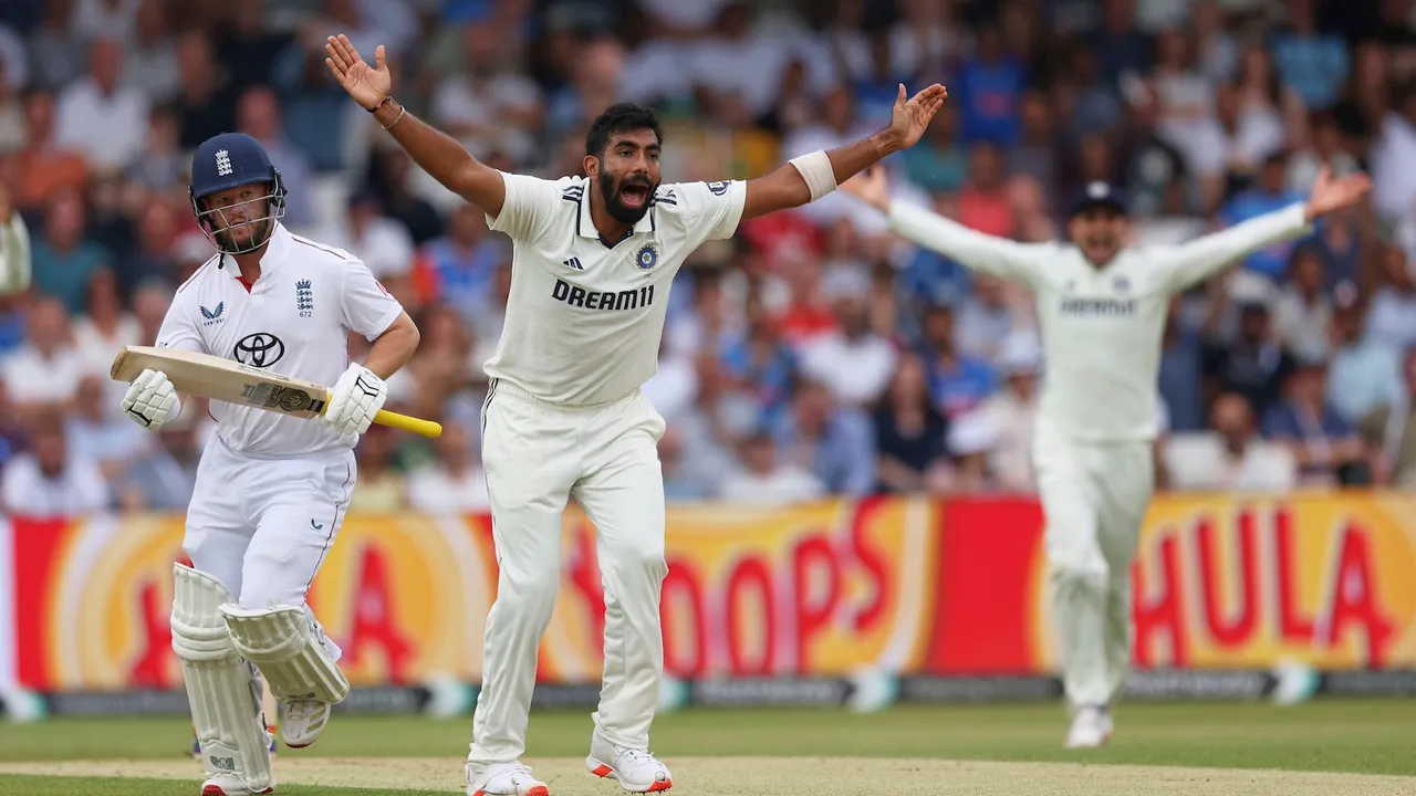 India's Jasprit Bumrah appeals unsuccessfully for the wicket of England's Ben Duckett, left, on day two of the first cricket test match between England and India at Headingley in Leeds, England, Saturday, June 21, 2025.