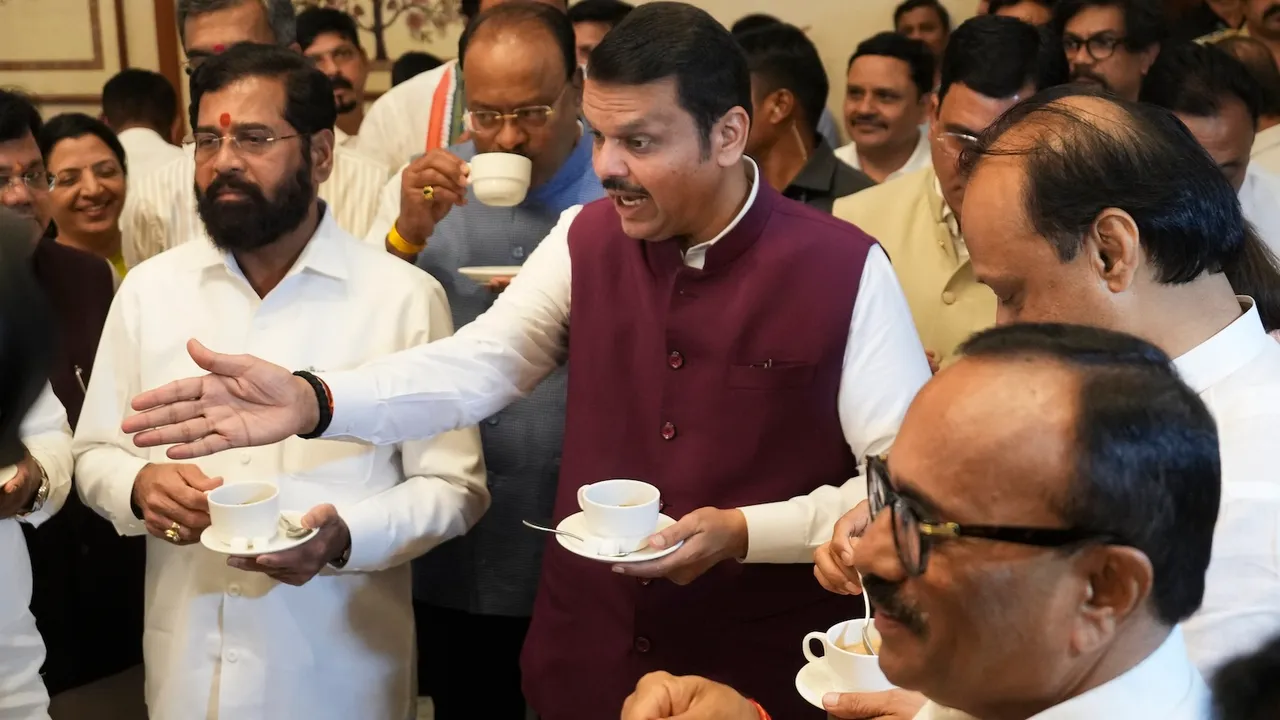 Devendra Fadnavis, Ajit Pawar, Eknath Shinde and others during the traditional high tea event of the state government ahead of the monsoon session of Maharashtra Assembly in Mumbai on Sunday, June 29, 2025.