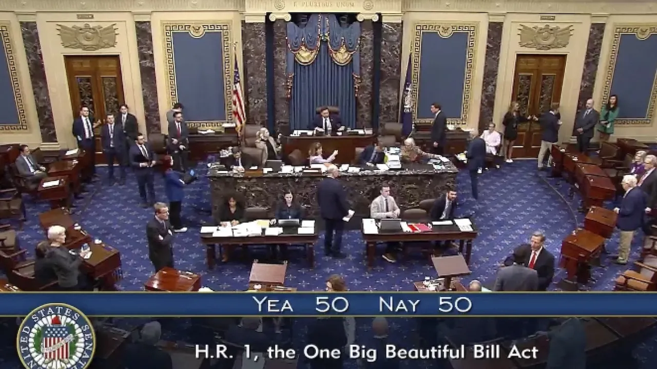 JD Vance braks a 50-50 tie to push President Donald Trump’s big tax breaks and spending cuts bill over the top, on the Senate floor at the US Capitol on Tuesday, July 1, 2025, in Washington.