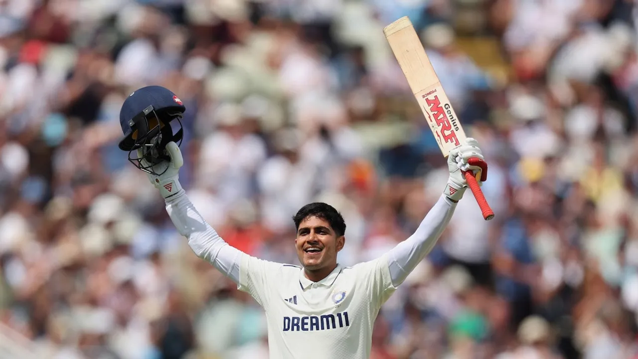 Shubman Gill celebrates after scoring a double century on day two of the second cricket test match between England and India at Edgbaston in Birmingham, England, Thursday, July 3, 2025.
