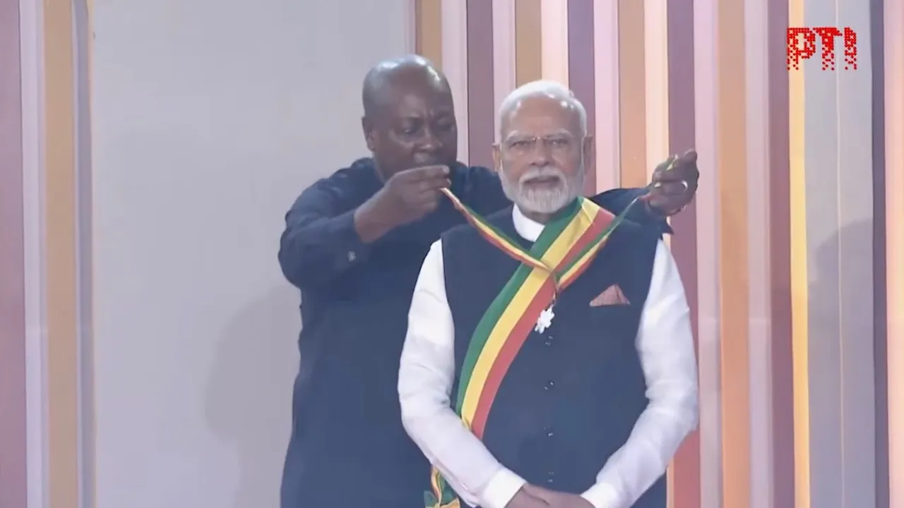 Prime Minister Narendra Modi conferred with Ghana's national honour - ‘The officer of the Order of the Star of Ghana' in Accra.