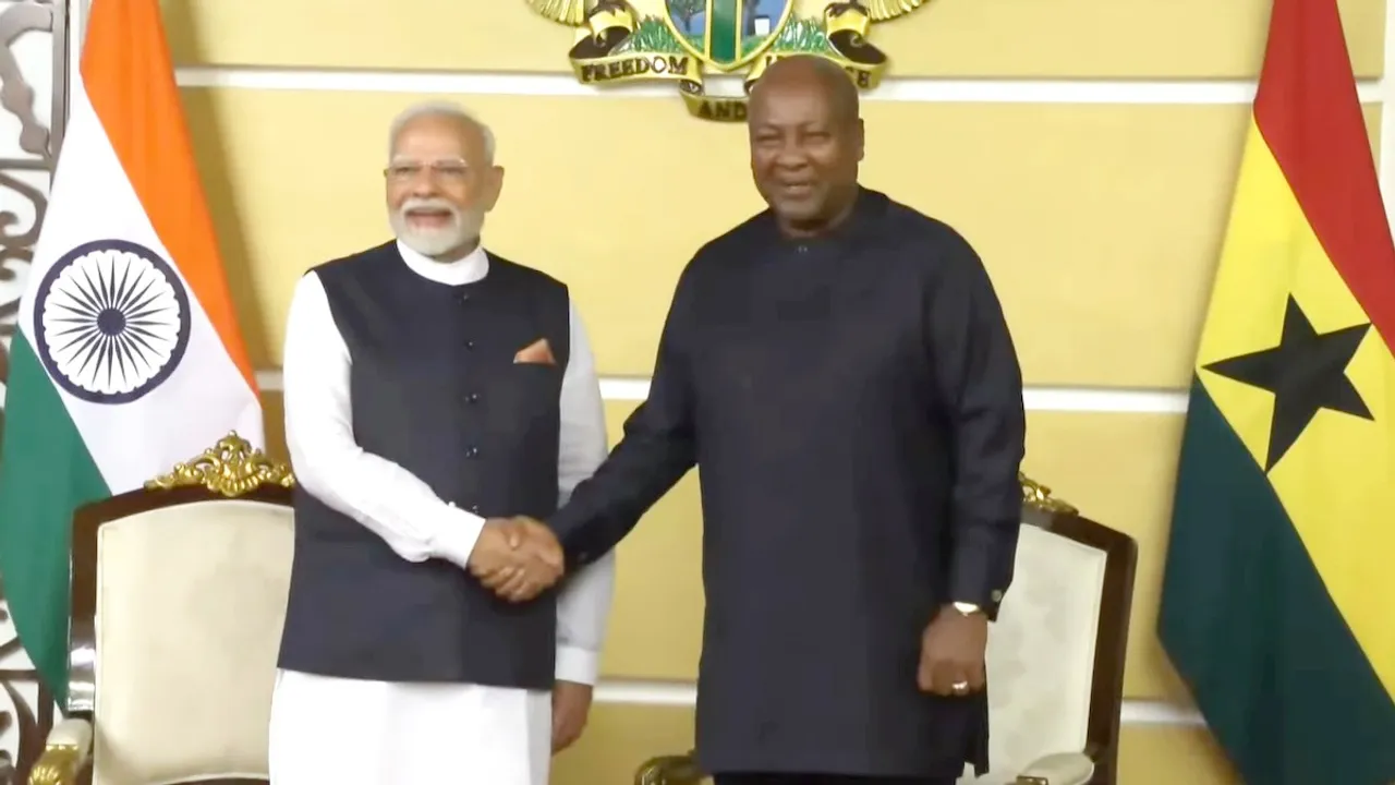 Prime Minister Narendra Modi with President of Ghana John Dramani Mahama, in Accra, Ghana, on Wednesday, July 2, 2025.