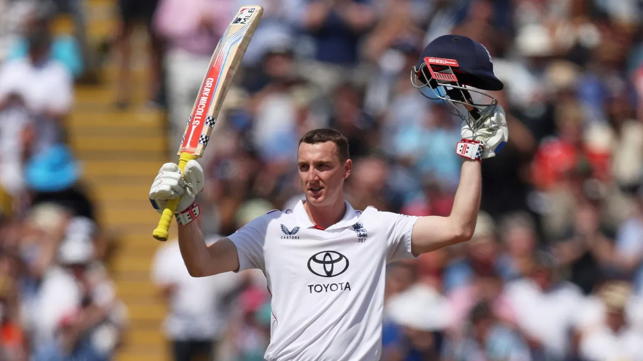 England’s Harry Brook celebrates after scoring a century on day 3 of the second cricket test against India at Edgbaston in Brimingham on Friday, July 4, 2025.