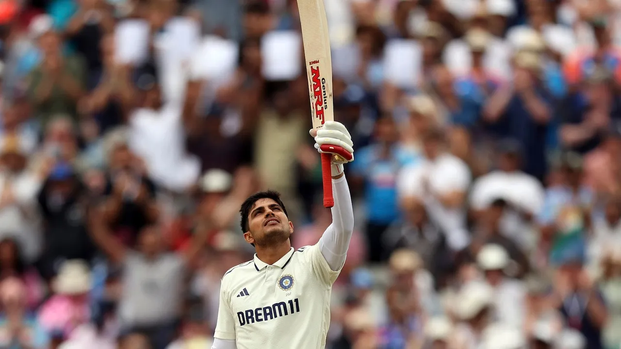 Shubman Gill celebrates after scoring a century during day four of the second cricket test match between England and India at Edgbaston in Birmingham, England, Saturday, July 5, 2025.