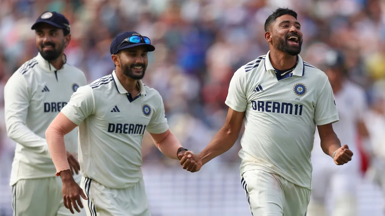 Mohammed Siraj, right, celebrates the dismissal of England's Josh Tongue on day three of the second cricket test match between England and India at Edgbaston in Birmingham, England, Friday, July 4, 2025.