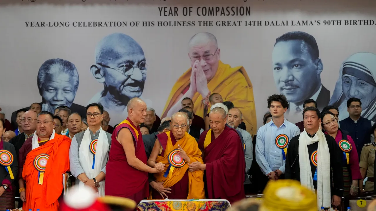 Dalai Lama with Union Minister Kiren Rijiju, Arunachal Pradesh Chief Minister Pema Khandu and others during the celebration of the former's 90th birthday, at Tsuglagkhang, the main Dalai Lama temple, McLeodganj, in Kangra district, Himachal Pradesh, Sunday, July 6, 2025.