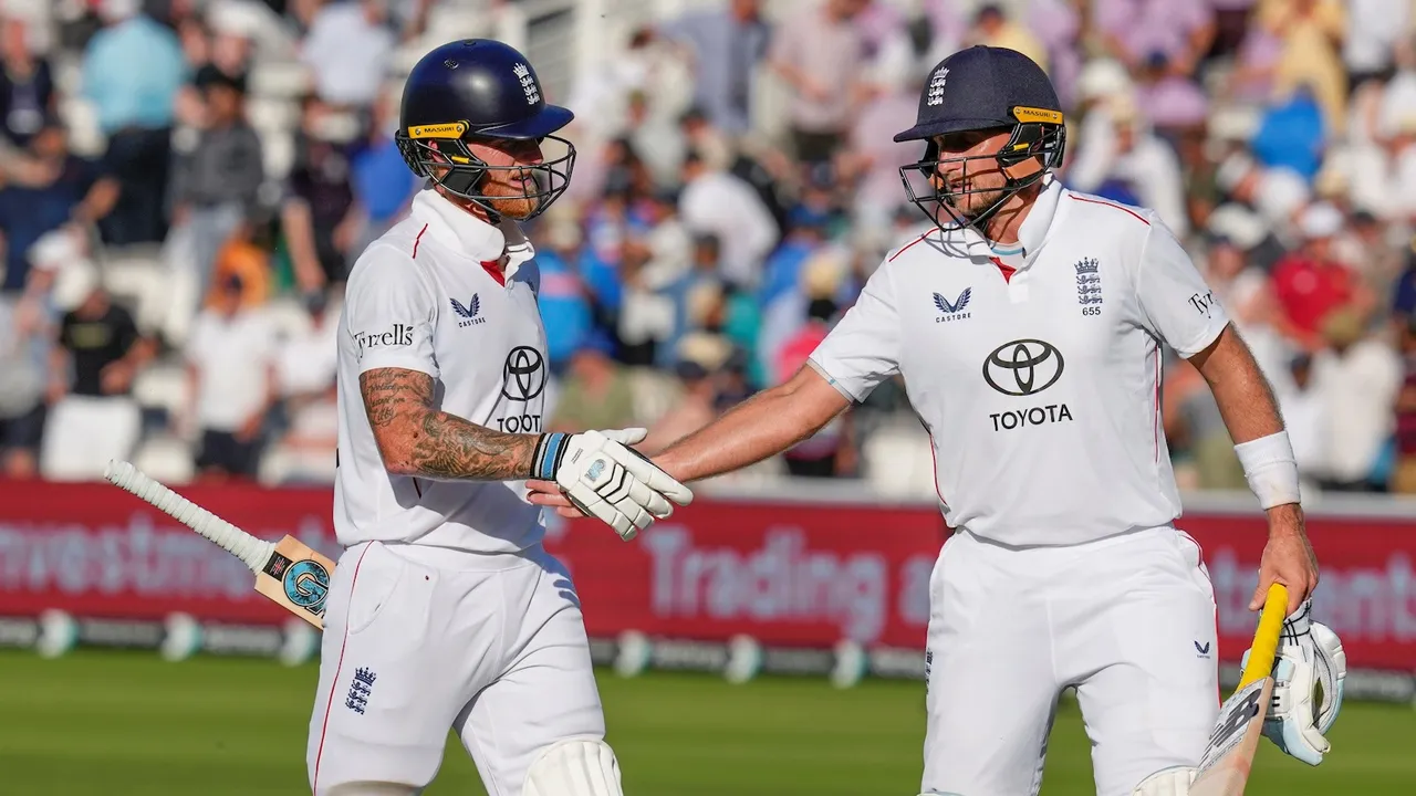Ben Stokes and Joe Root return to pavilion after the end of play on the first day of the third test cricket match between India and England, at the Lord's Cricket Ground, in London, Thursday, July 10, 2025.