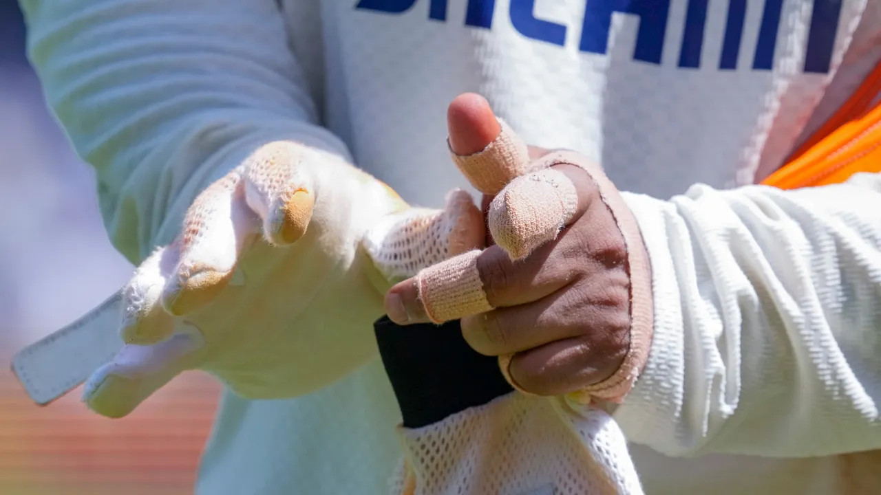 A close-up of India’s vice captain Rishabh Pant’s hand in bandages after an injury on the first day of the third test cricket match between India and England at the Lord’s Cricket Ground in London on Thursday, July 10, 2025.