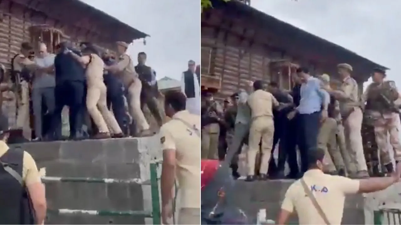 Videograb of scuffle between Omar Abdullah and security forces shared by the chief minister himself on Monday, July 14, 2025.