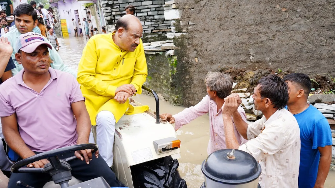 Om Birla inspects the rain-affected areas of the waterlogged Kudayla village in Kota on Thursday, July 17, 2025.