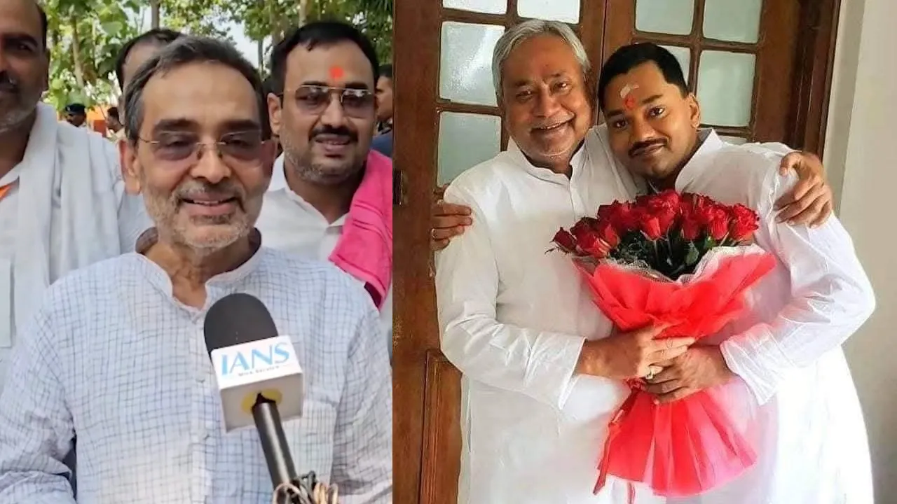 Upendra Kushwaha (left) and Nitish Kumar with his son Nishant