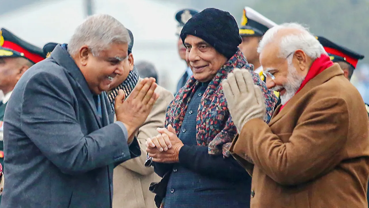 In this Jan 29, 2023 file photo, Jagdeep Dhankhar with Narendra Modi and Rajnath SIngh during the Beating Retreat ceremony in New Delhi.