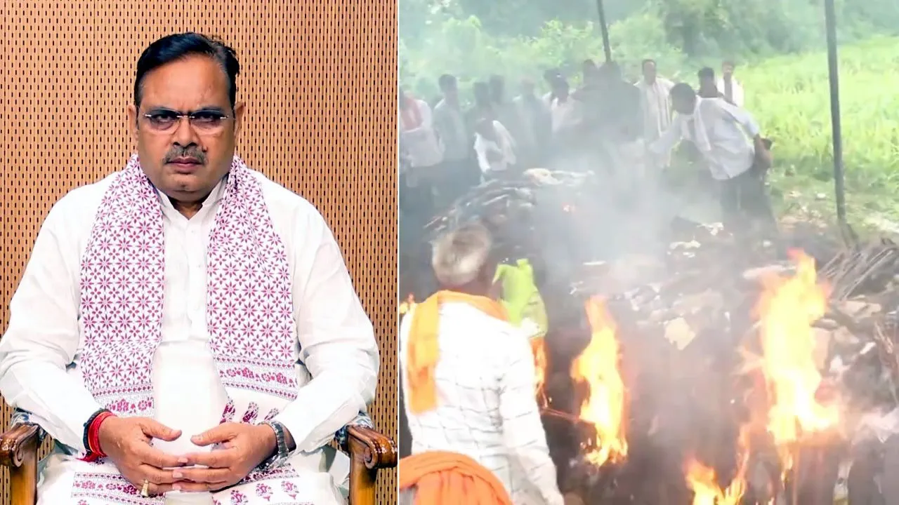 (Left) Bhajanlal Sharma; (right) Last rites of children killed in school building collapse incident being performed at Piplodi village in Jhalawar district.
