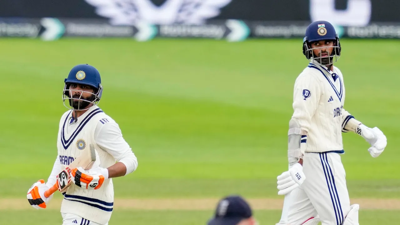 Ravindra Jadeja and Washington Sundar run between wickets during the fifth day of the fourth Test match between India and England, at the Old Trafford cricket ground, in Manchester, England, Sunday, July 27, 2025