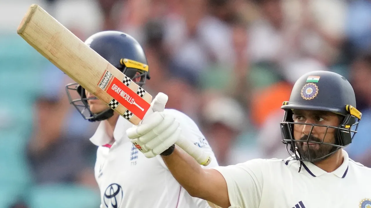Karun Nair celebrates his half century during the first day of the fifth test between India and ENgland at The Oval  in London on Thursday, July 31, 2025.