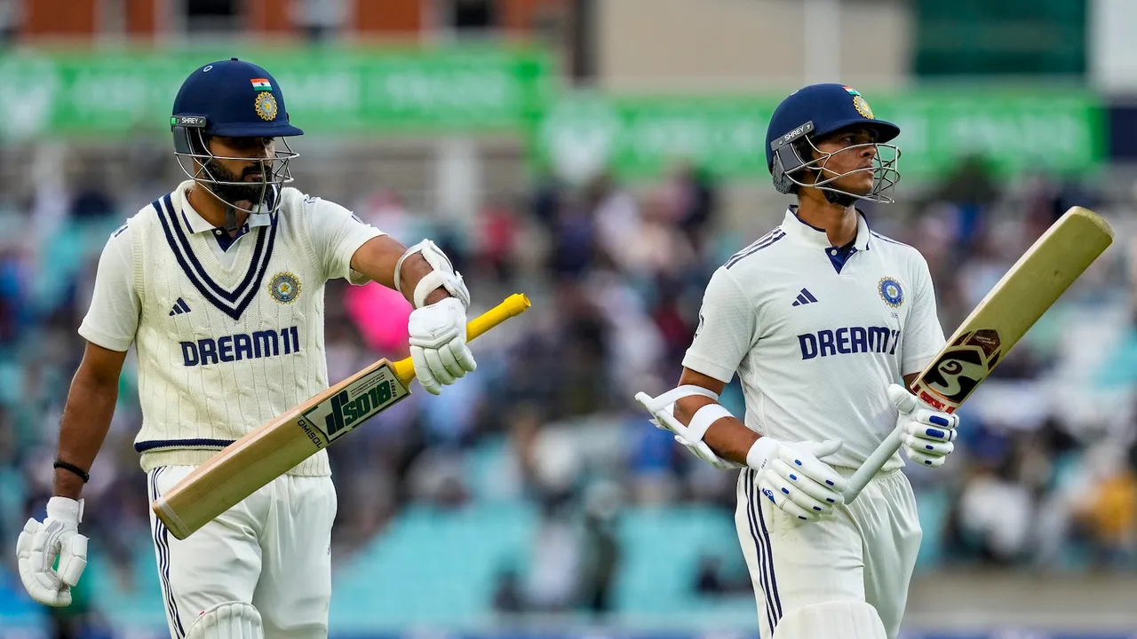 Yashasvi Jaiswal and Akash Deep leave the field after the end of play on the second day of the fifth Test cricket match between India and England, at The Oval, in London, Friday, Aug. 1, 2025.