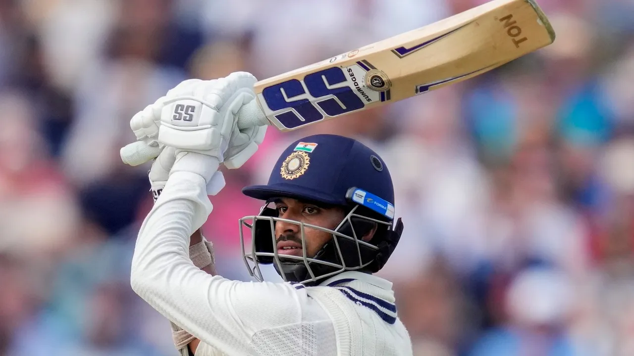 Washington Sundar plays a shot during the third day of the fifth Test match between India and England, at The Oval cricket ground, in London, England, Saturday, Aug. 2, 2025.