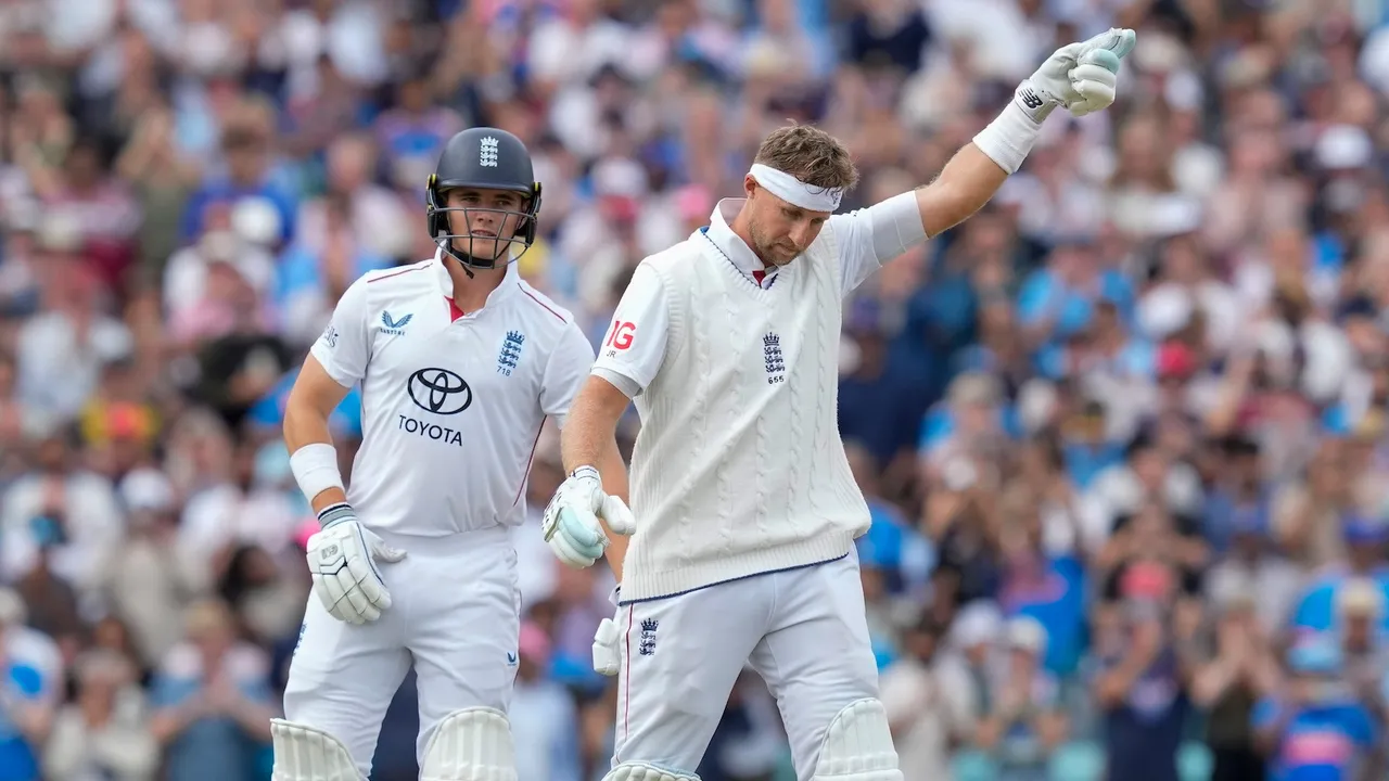 Joe Root celebrates his century during the fourth day of the fifth Test match between India and England, at The Oval cricket ground, in London, England, Sunday, Aug. 3, 2025.