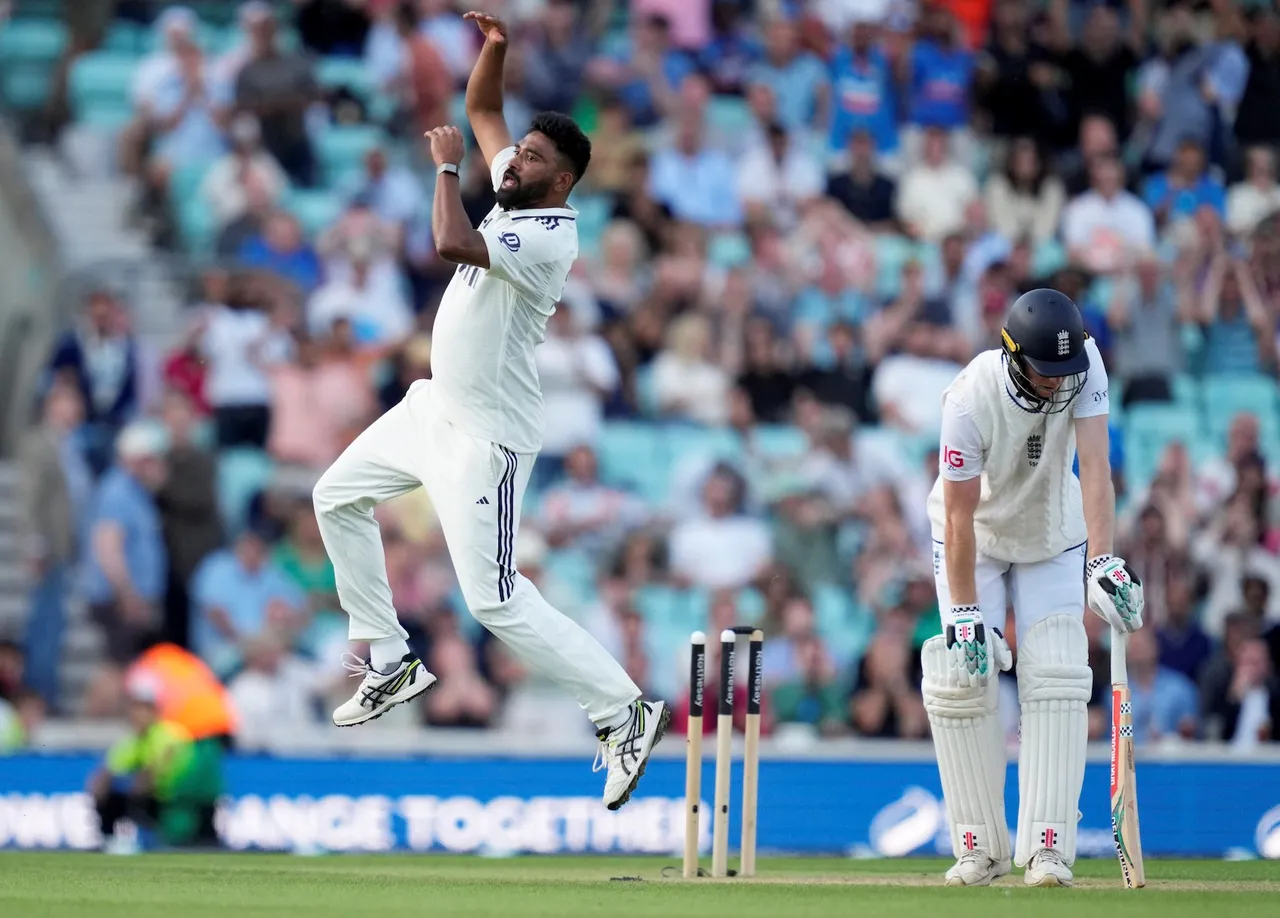 Mohammed Siraj celebrates the wicket of England's batter Zak Crawley during the third day of the fifth Test match between India and England, at The Oval cricket ground, in London, England, Saturday, Aug. 2, 2025.