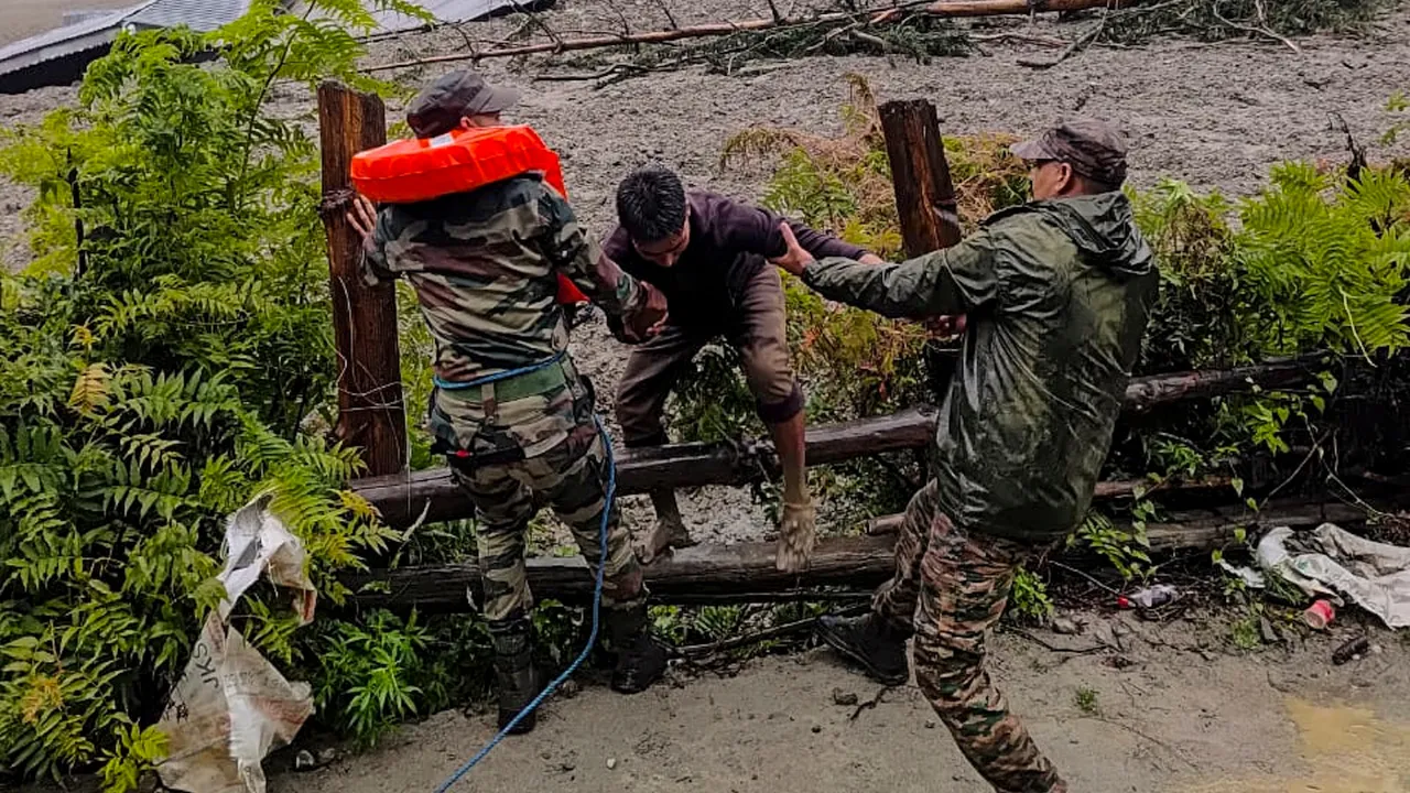 Rescue operation underway following landslide and flash floods triggered by a cloudburst near Dharali of Uttarkashi district, Uttarakhand on Tuesday, August 5, 2025.