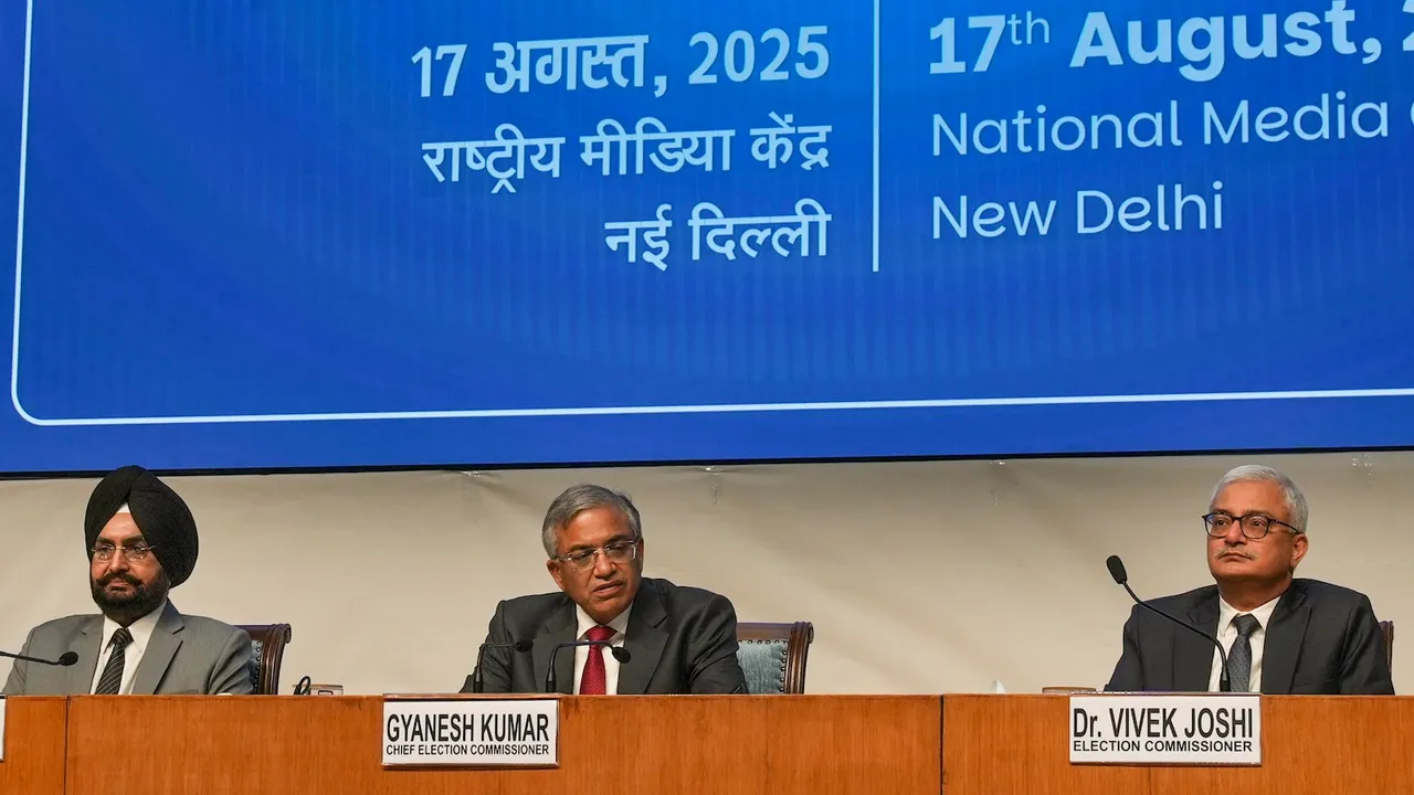 Chief Election Commissioner Gyanesh Kumar with Election Commissioners Sukhbir Singh Sandhu and Vivek Joshi addresses a press conference, in New Delhi, Sunday, Aug. 17, 2025.