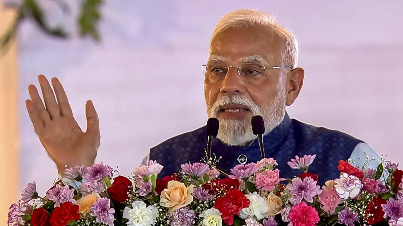 Narendra Modi addresses the gathering during the inauguration of the Delhi section of the Dwarka Expressway and the Urban Extension Road-II (UER-II), in New Delhi. on August 17, 2025.