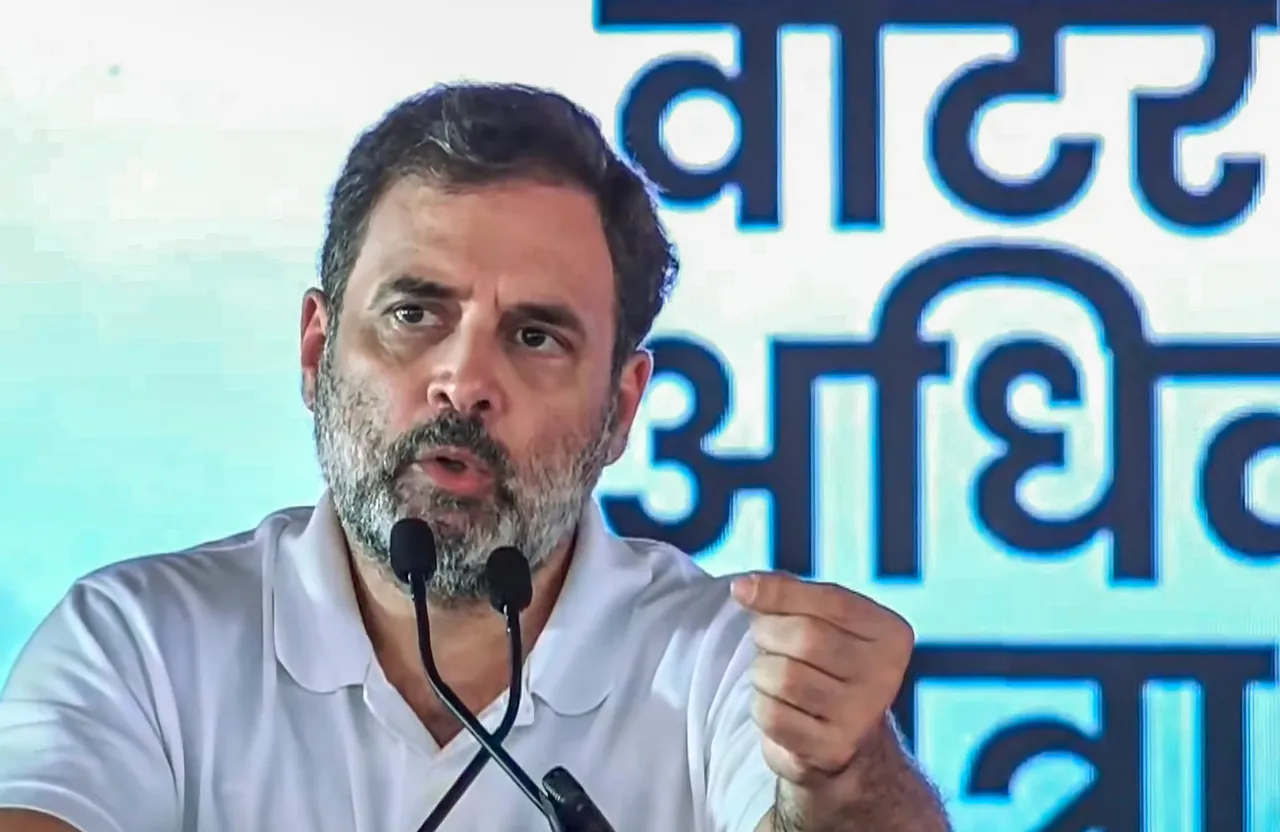 Rahul Gandhi addresses the gathering during the 'Voter Adhikar Yatra', in Sasaram on August 17, 2025.