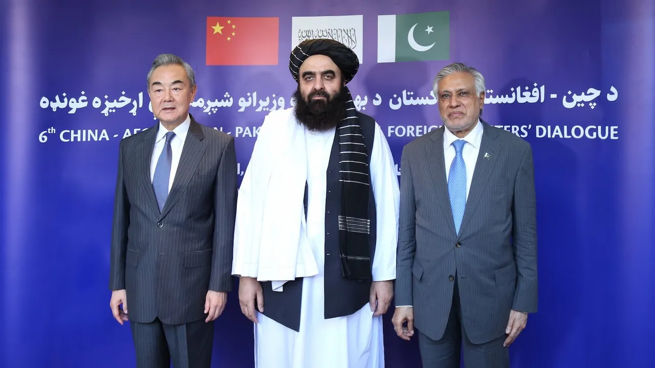 Chinese Foreign Minister Wang Yi, Afghanistan acting foreign minister Amir Khan Muttaqi and Pakistan Foreign Minister Ishaq Dar in Islamabad on August 20, 2025.