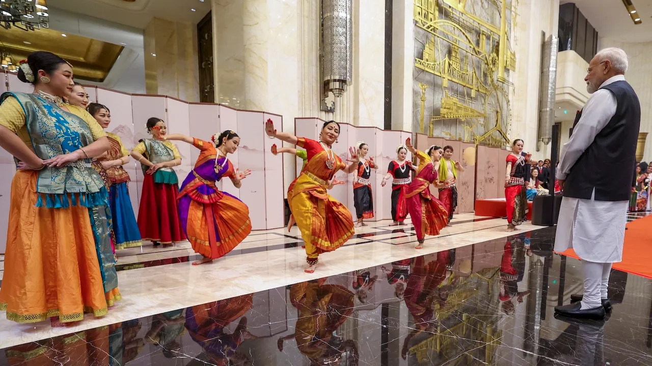 Prime Minister Narendra Modi being welcomed with a performance by artistes upon his arrival at a hotel, in Tianjin, China, on Aug. 30, 2025.