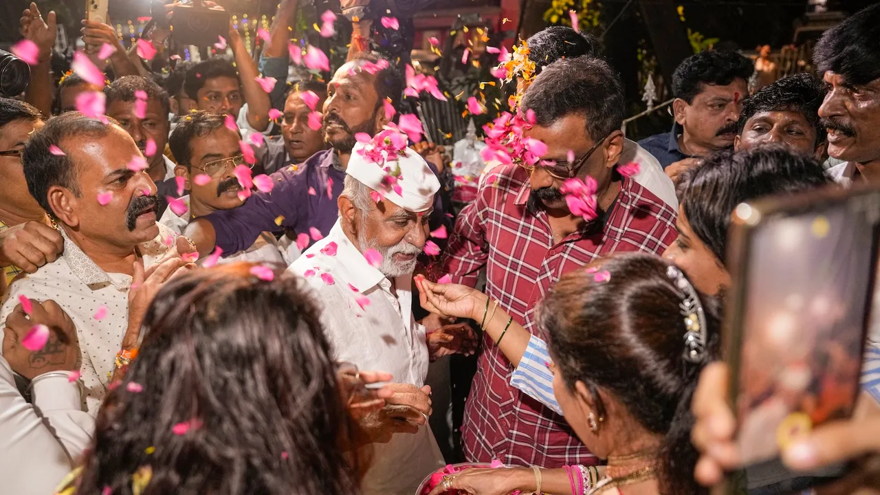 Gangster-turned-politician Arun Gawli arrives at his residence following his release from prison, at Dagdi Chawl in Mumbai, Wednesday, Sept. 3, 2025.