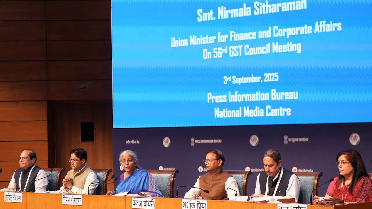 Nirmala Sitharaman addresses the media regarding the 56th GST Council meeting, in New Delhi, Wednesday, Sept. 3, 2025.
